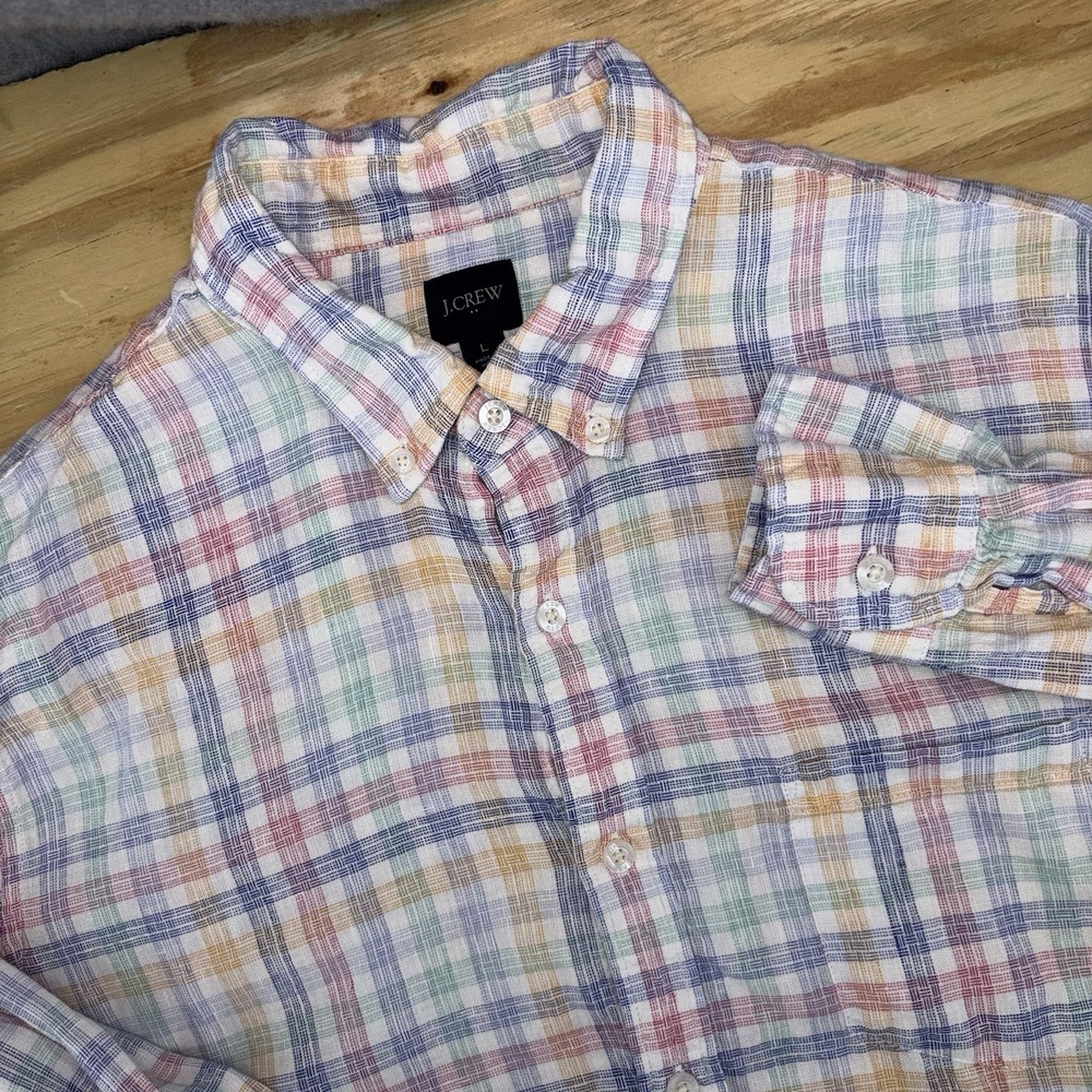 J Crew Rainbow Plaid Linen Cotton Blend Long Sleeve Button Down Mens Large